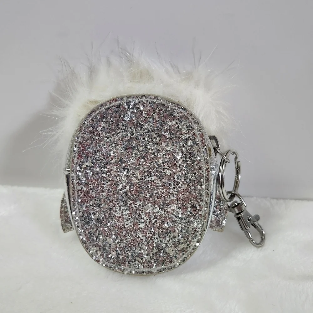 Target Owl Faux Leather Fur Trim White Silver Glitter Coin Purse Keychain NWOT